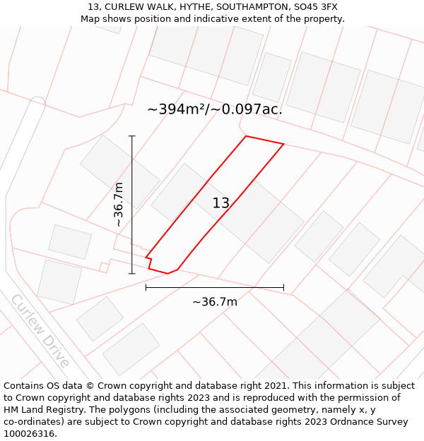 13, CURLEW WALK, HYTHE, SOUTHAMPTON, SO45 3FX: Plot and title map