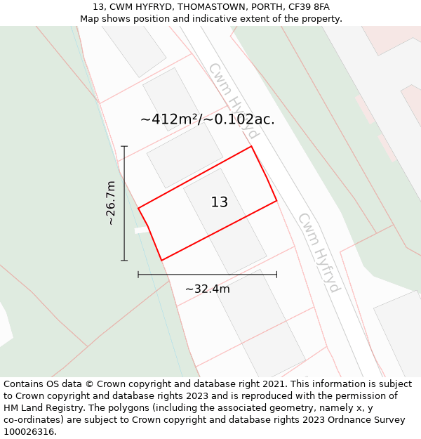 13, CWM HYFRYD, THOMASTOWN, PORTH, CF39 8FA: Plot and title map