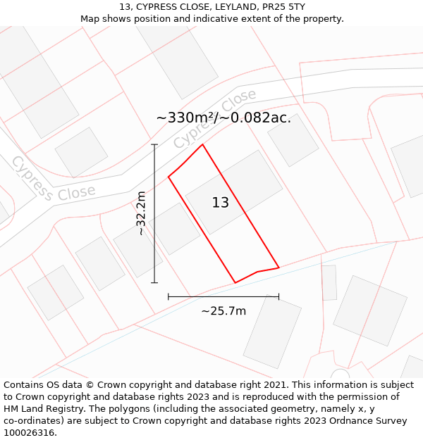 13, CYPRESS CLOSE, LEYLAND, PR25 5TY: Plot and title map