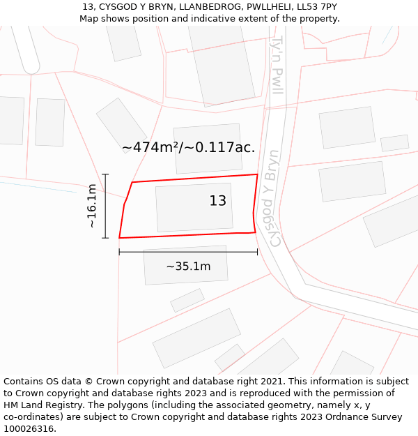 13, CYSGOD Y BRYN, LLANBEDROG, PWLLHELI, LL53 7PY: Plot and title map