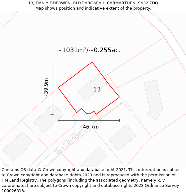 13, DAN Y DDERWEN, RHYDARGAEAU, CARMARTHEN, SA32 7DQ: Plot and title map