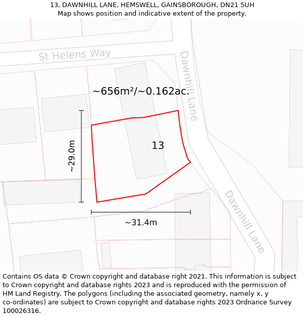 13, DAWNHILL LANE, HEMSWELL, GAINSBOROUGH, DN21 5UH: Plot and title map