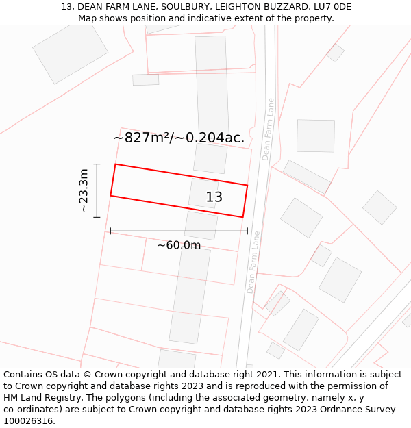 13, DEAN FARM LANE, SOULBURY, LEIGHTON BUZZARD, LU7 0DE: Plot and title map