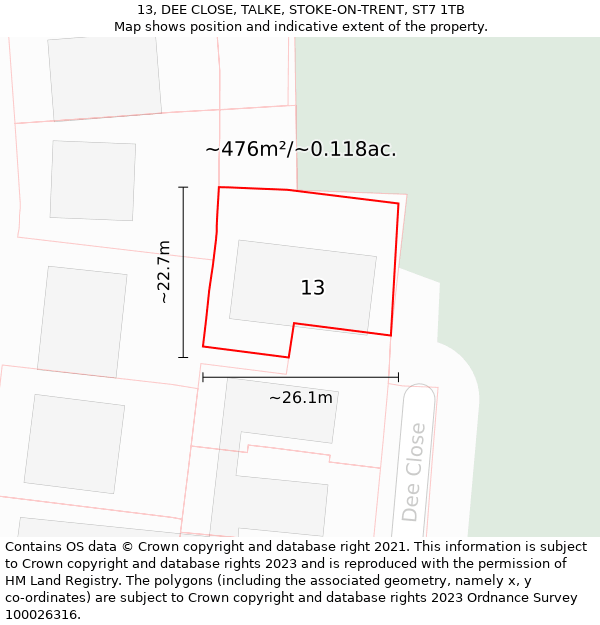 13, DEE CLOSE, TALKE, STOKE-ON-TRENT, ST7 1TB: Plot and title map