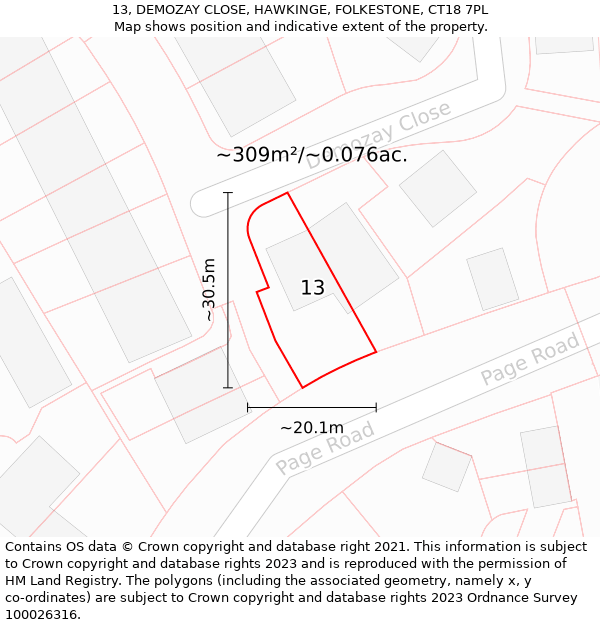 13, DEMOZAY CLOSE, HAWKINGE, FOLKESTONE, CT18 7PL: Plot and title map