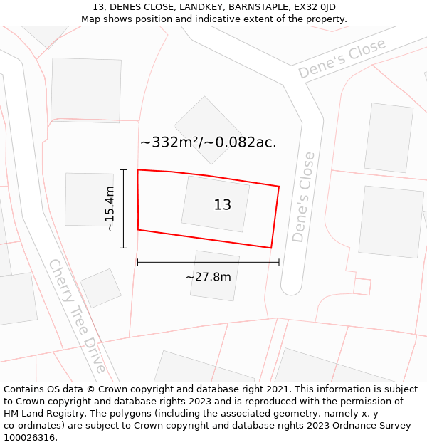 13, DENES CLOSE, LANDKEY, BARNSTAPLE, EX32 0JD: Plot and title map