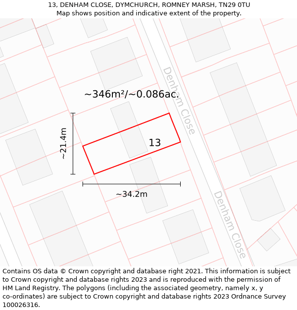 13, DENHAM CLOSE, DYMCHURCH, ROMNEY MARSH, TN29 0TU: Plot and title map