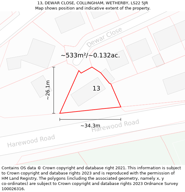 13, DEWAR CLOSE, COLLINGHAM, WETHERBY, LS22 5JR: Plot and title map