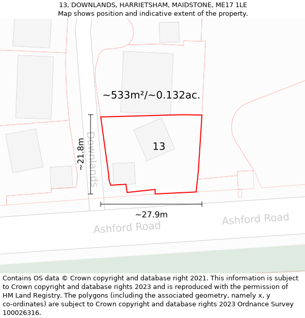 13, DOWNLANDS, HARRIETSHAM, MAIDSTONE, ME17 1LE: Plot and title map