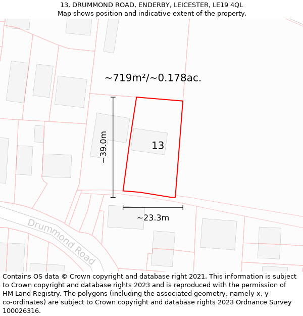 13, DRUMMOND ROAD, ENDERBY, LEICESTER, LE19 4QL: Plot and title map