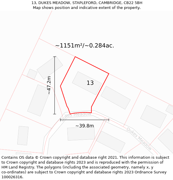 13, DUKES MEADOW, STAPLEFORD, CAMBRIDGE, CB22 5BH: Plot and title map