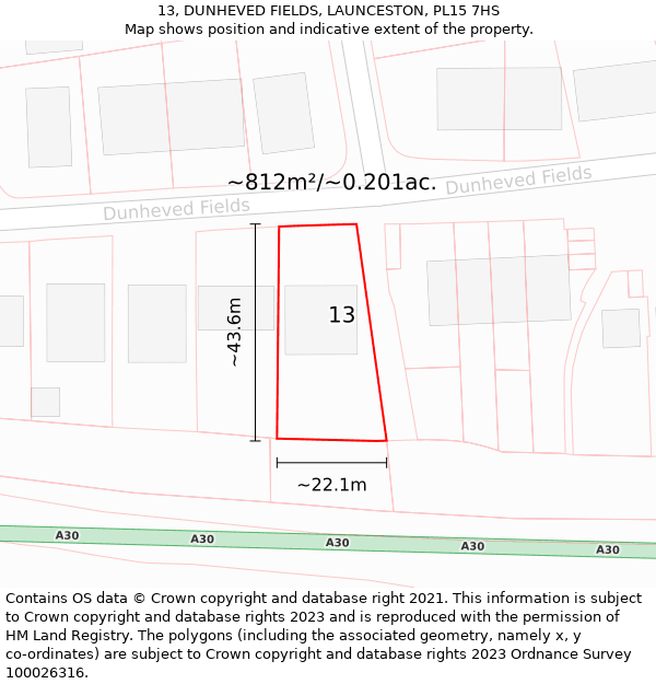 13, DUNHEVED FIELDS, LAUNCESTON, PL15 7HS: Plot and title map