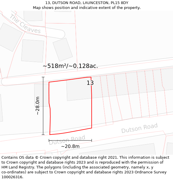 13, DUTSON ROAD, LAUNCESTON, PL15 8DY: Plot and title map