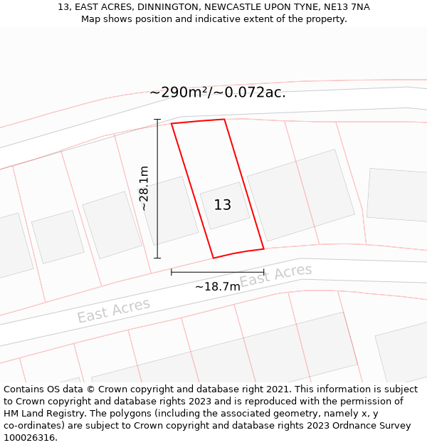 13, EAST ACRES, DINNINGTON, NEWCASTLE UPON TYNE, NE13 7NA: Plot and title map