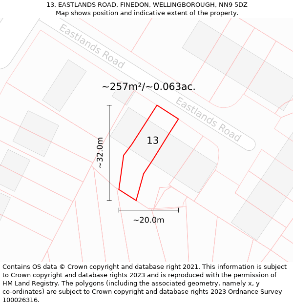 13, EASTLANDS ROAD, FINEDON, WELLINGBOROUGH, NN9 5DZ: Plot and title map