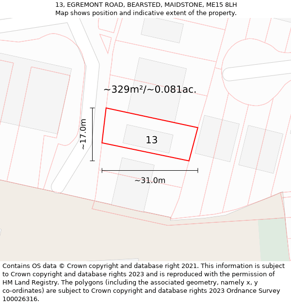 13, EGREMONT ROAD, BEARSTED, MAIDSTONE, ME15 8LH: Plot and title map