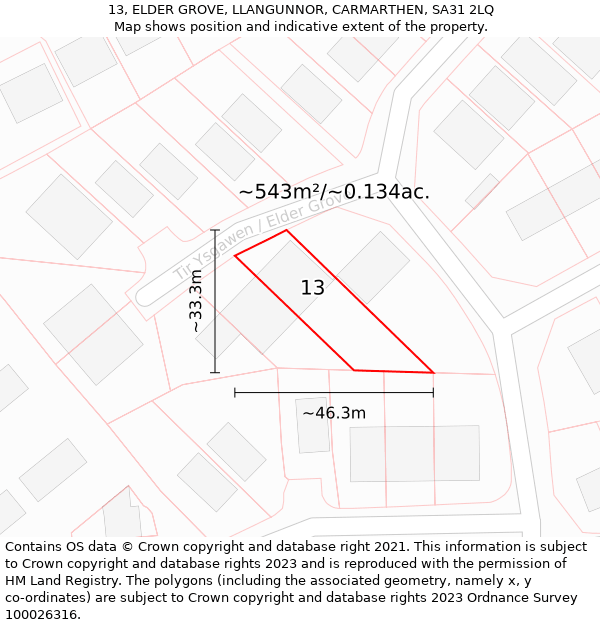 13, ELDER GROVE, LLANGUNNOR, CARMARTHEN, SA31 2LQ: Plot and title map