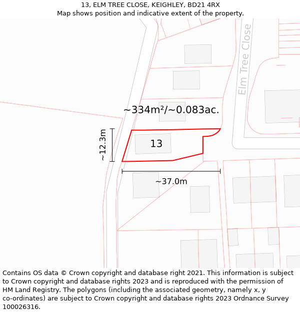 13, ELM TREE CLOSE, KEIGHLEY, BD21 4RX: Plot and title map