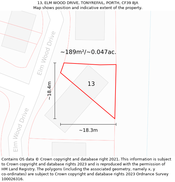 13, ELM WOOD DRIVE, TONYREFAIL, PORTH, CF39 8JA: Plot and title map