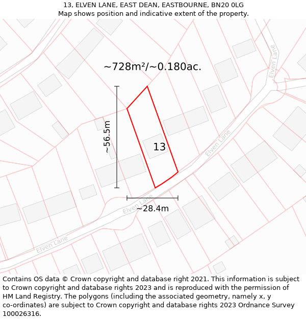 13, ELVEN LANE, EAST DEAN, EASTBOURNE, BN20 0LG: Plot and title map