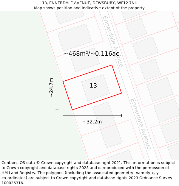 13, ENNERDALE AVENUE, DEWSBURY, WF12 7NH: Plot and title map