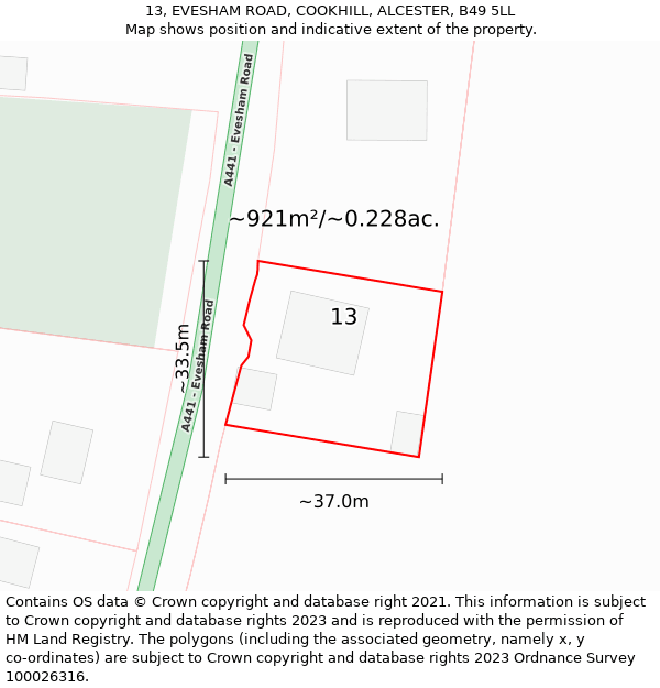 13, EVESHAM ROAD, COOKHILL, ALCESTER, B49 5LL: Plot and title map