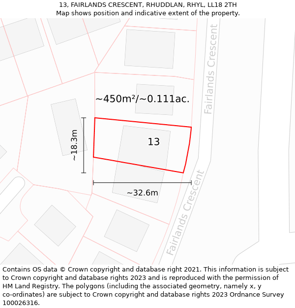 13, FAIRLANDS CRESCENT, RHUDDLAN, RHYL, LL18 2TH: Plot and title map