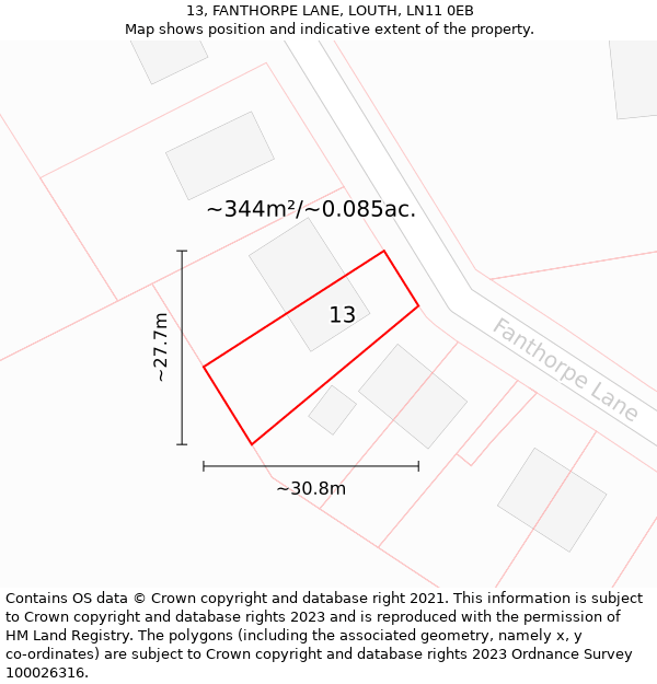 13, FANTHORPE LANE, LOUTH, LN11 0EB: Plot and title map