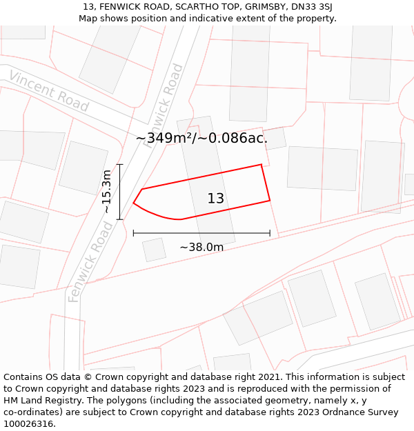 13, FENWICK ROAD, SCARTHO TOP, GRIMSBY, DN33 3SJ: Plot and title map