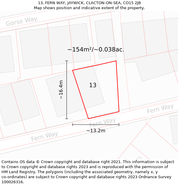 13, FERN WAY, JAYWICK, CLACTON-ON-SEA, CO15 2JB: Plot and title map