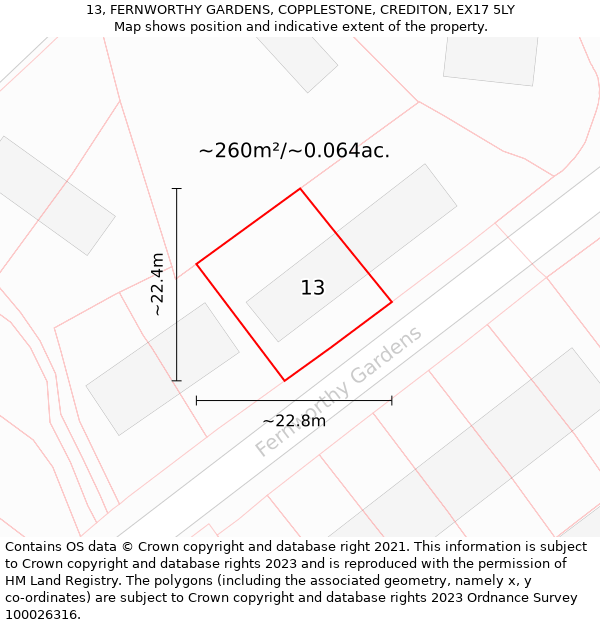 13, FERNWORTHY GARDENS, COPPLESTONE, CREDITON, EX17 5LY: Plot and title map