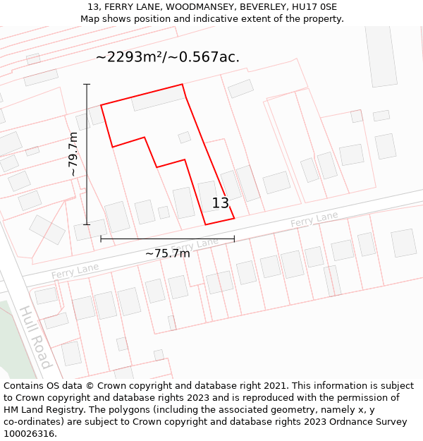 13, FERRY LANE, WOODMANSEY, BEVERLEY, HU17 0SE: Plot and title map