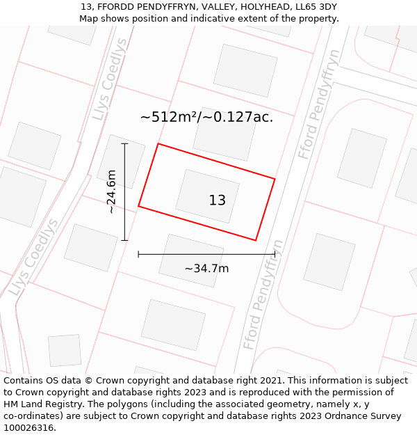 13, FFORDD PENDYFFRYN, VALLEY, HOLYHEAD, LL65 3DY: Plot and title map