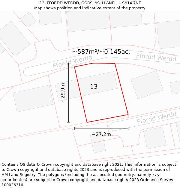 13, FFORDD WERDD, GORSLAS, LLANELLI, SA14 7NE: Plot and title map