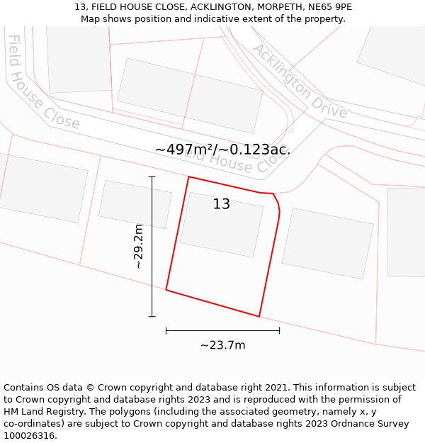 13, FIELD HOUSE CLOSE, ACKLINGTON, MORPETH, NE65 9PE: Plot and title map