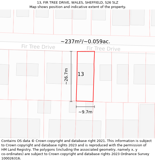 13, FIR TREE DRIVE, WALES, SHEFFIELD, S26 5LZ: Plot and title map