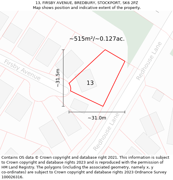 13, FIRSBY AVENUE, BREDBURY, STOCKPORT, SK6 2PZ: Plot and title map