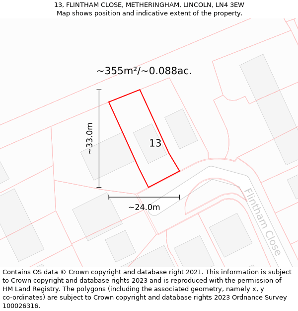 13, FLINTHAM CLOSE, METHERINGHAM, LINCOLN, LN4 3EW: Plot and title map