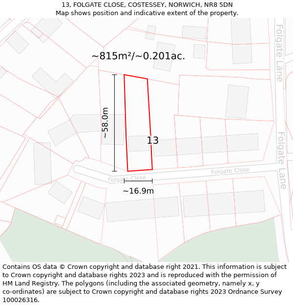 13, FOLGATE CLOSE, COSTESSEY, NORWICH, NR8 5DN: Plot and title map