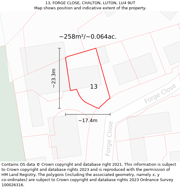 13, FORGE CLOSE, CHALTON, LUTON, LU4 9UT: Plot and title map