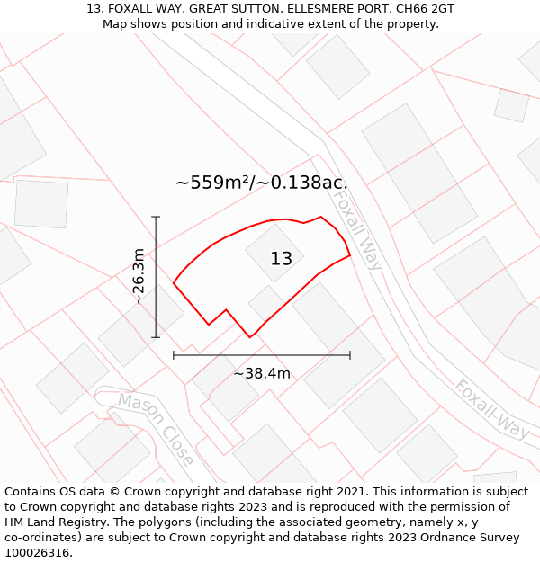 13, FOXALL WAY, GREAT SUTTON, ELLESMERE PORT, CH66 2GT: Plot and title map