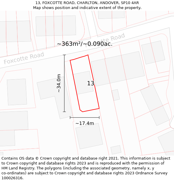 13, FOXCOTTE ROAD, CHARLTON, ANDOVER, SP10 4AR: Plot and title map