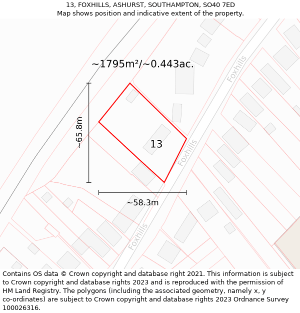 13, FOXHILLS, ASHURST, SOUTHAMPTON, SO40 7ED: Plot and title map