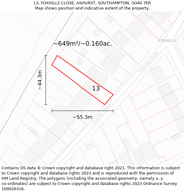 13, FOXHILLS CLOSE, ASHURST, SOUTHAMPTON, SO40 7ER: Plot and title map