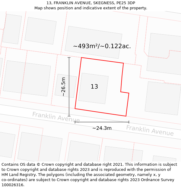 13, FRANKLIN AVENUE, SKEGNESS, PE25 3DP: Plot and title map