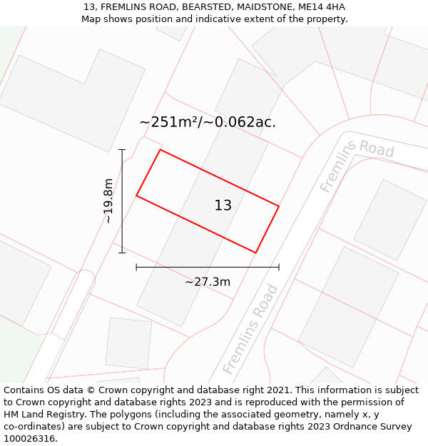 13, FREMLINS ROAD, BEARSTED, MAIDSTONE, ME14 4HA: Plot and title map