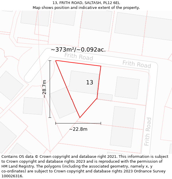 13, FRITH ROAD, SALTASH, PL12 6EL: Plot and title map