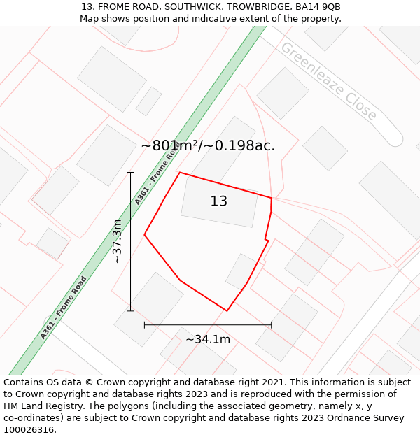 13, FROME ROAD, SOUTHWICK, TROWBRIDGE, BA14 9QB: Plot and title map