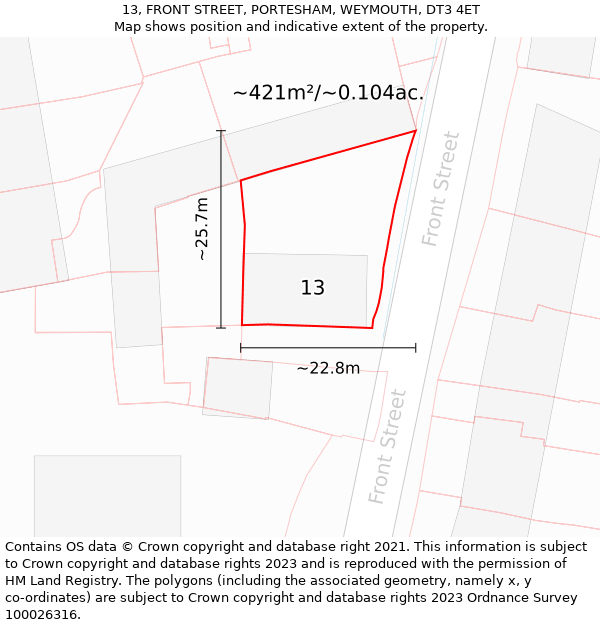 13, FRONT STREET, PORTESHAM, WEYMOUTH, DT3 4ET: Plot and title map