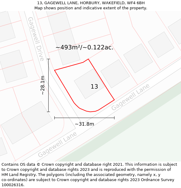 13, GAGEWELL LANE, HORBURY, WAKEFIELD, WF4 6BH: Plot and title map